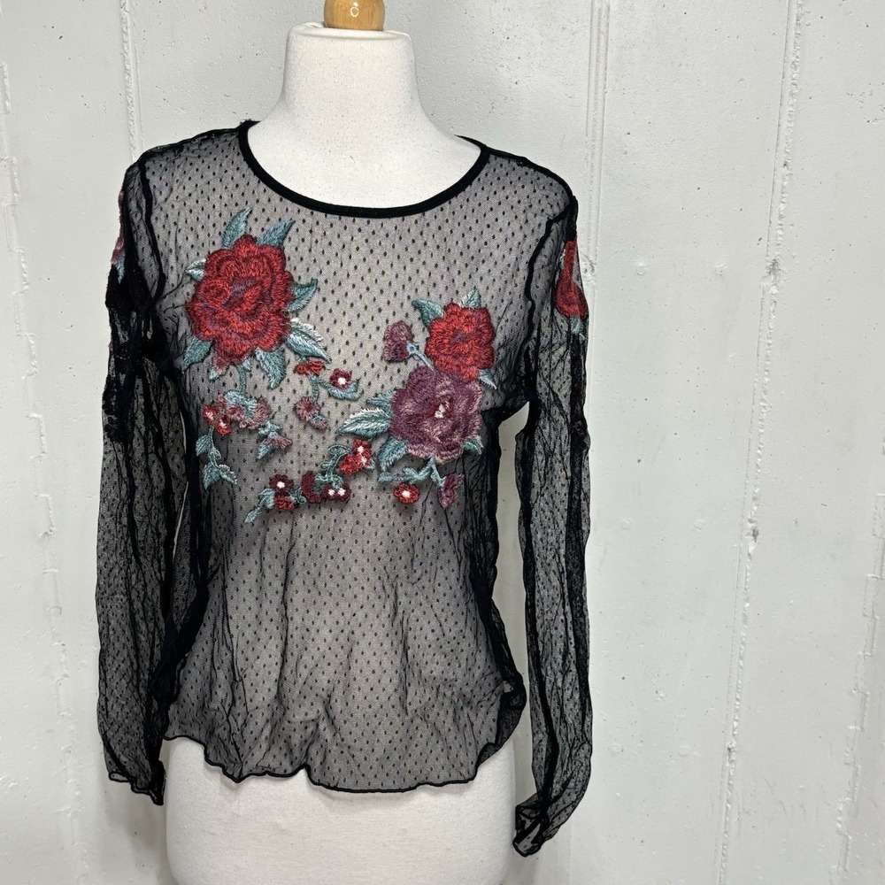 American Eagle Women L black mesh Red Floral Embroidered Long Sleeve Whimsigoth